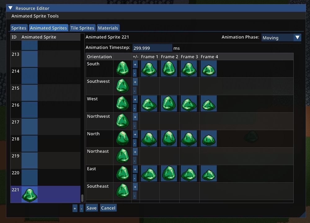 Screenshot of the Sovereign Engine resource editor. The Animated Sprites tab is selected, and the "Moving" phase for a slime sprite is displayed.