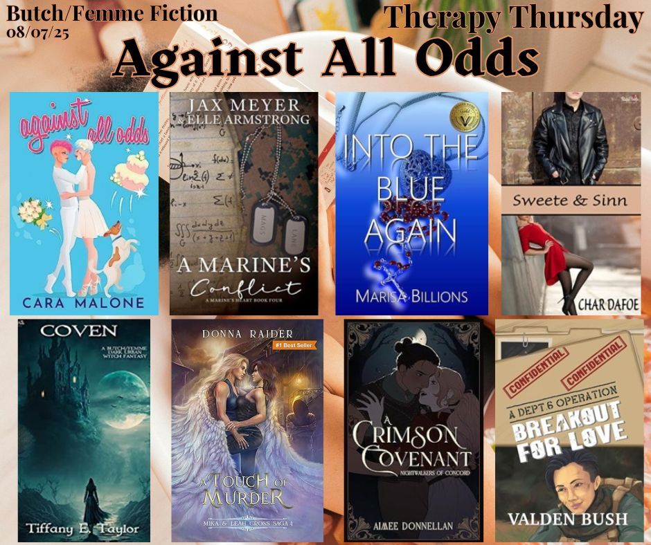 Eight book covers on a background of a woman reading in a tub filled with warm water and scented flowers for Therapy Thursday on 08/07/25. Theme: Against All Odds.
