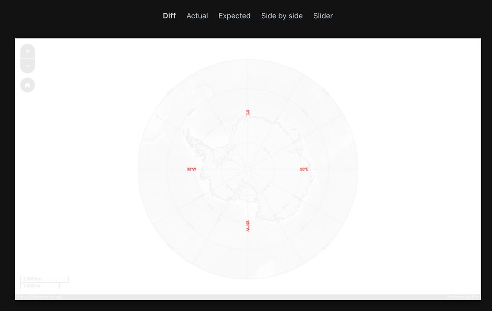 A snapshot of a map application showing the pixel difference highlighted during an automated testing run. The difference shows that some labels are no longer being rendered on the map at certain positions. 