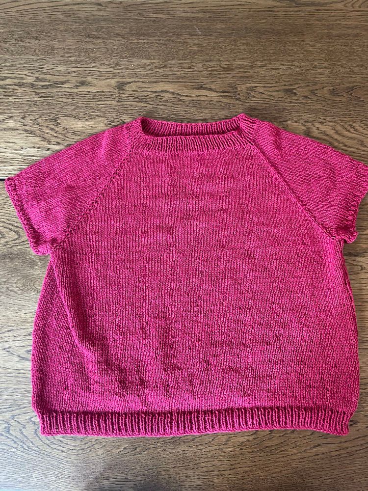 A red linen raglan sleeve tee shirt with ribbed hems
