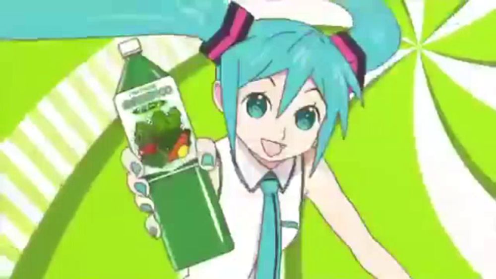 a cartoon girl is holding a bottle of green juice .