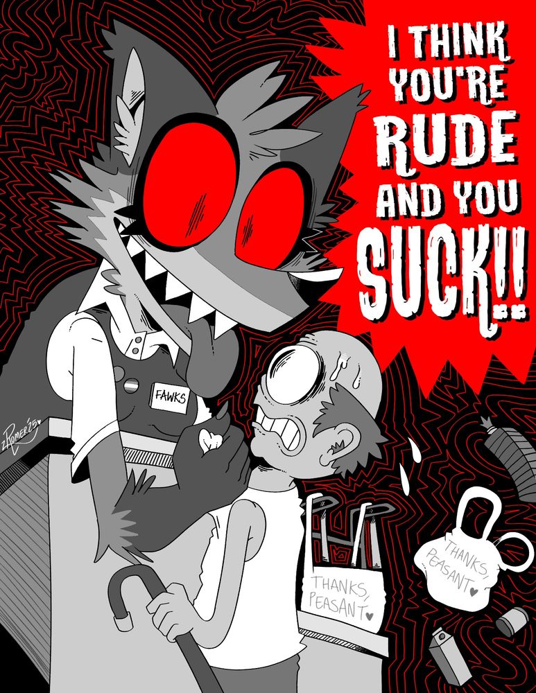 A fox girl cashier with red eyes at a grocery store is holding an older man in a white tank top by his shirt and shouting "I THINK YOU'RE RUDE AND YOU SUCK!!" at him with a smile.