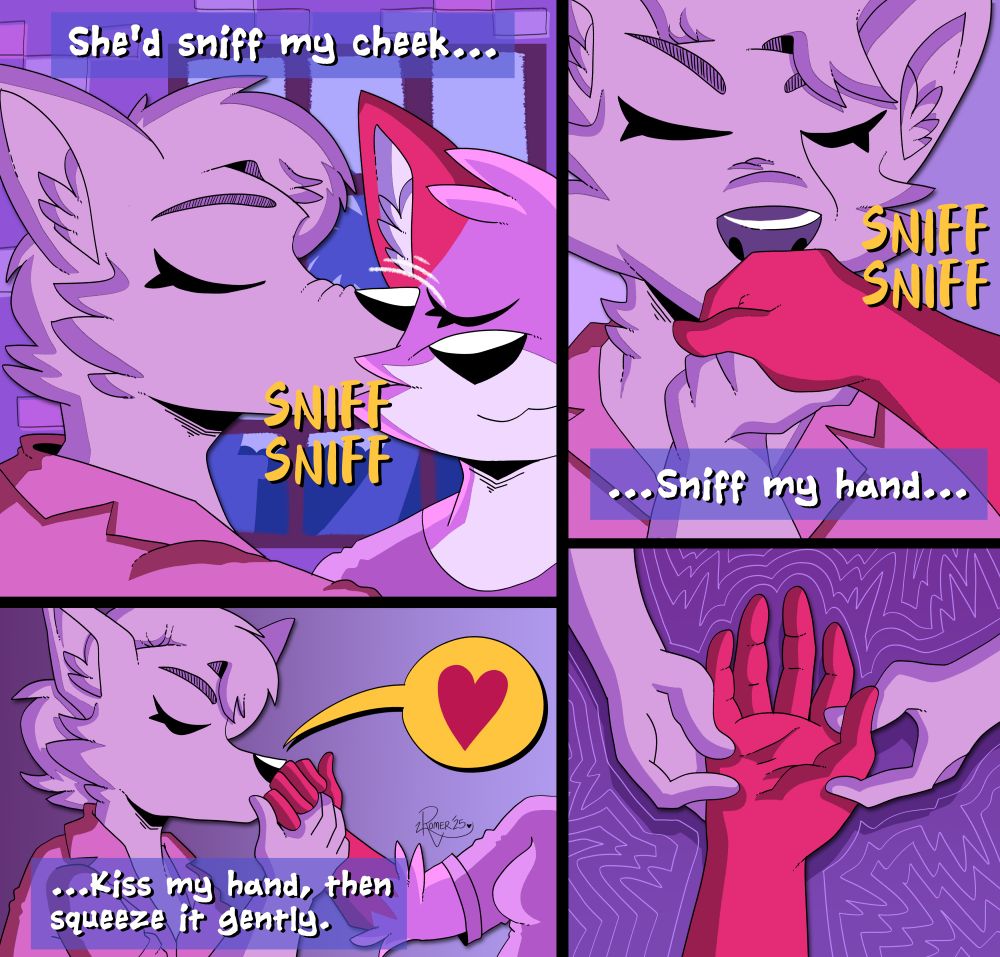 The colors have changed in the scene, everyhting is a variaiton of pink. Gwen's Bà Nội sniffs her cheek and hand, then kisses it. Emphasis is put on Gwen's hand being squeezed, with various lines projecting out of the hand.

Text: She'd sniff my cheek...sniff my hand...kiss my hand, then squeeze it gently. 