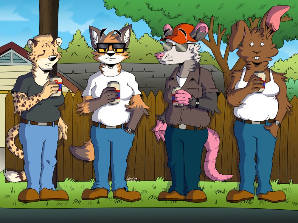 Much like the opening title sequence to 'King of the Hill', there are 4 characters with similar likenesses to Boomhower, Hank, Dale and Bill - but instead they are anthro women. We have a cheetah, a fox, a possum, and a bunny in their places.
