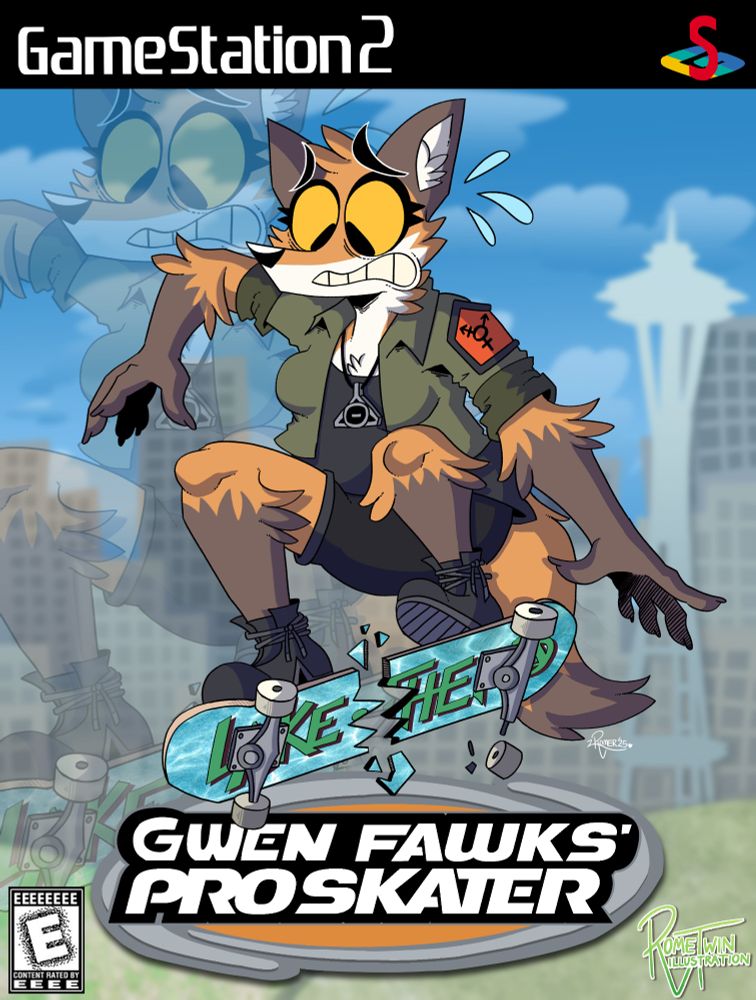 Branding is bordering the art in the style of a PS2 game case, but instead the company logo says 'GameStation 2. In the middle of the composition is GwenFox on a skateboard that's shattering. Under the skateboard is a logo for 'Gwen Fawks' Pro Skater'. 