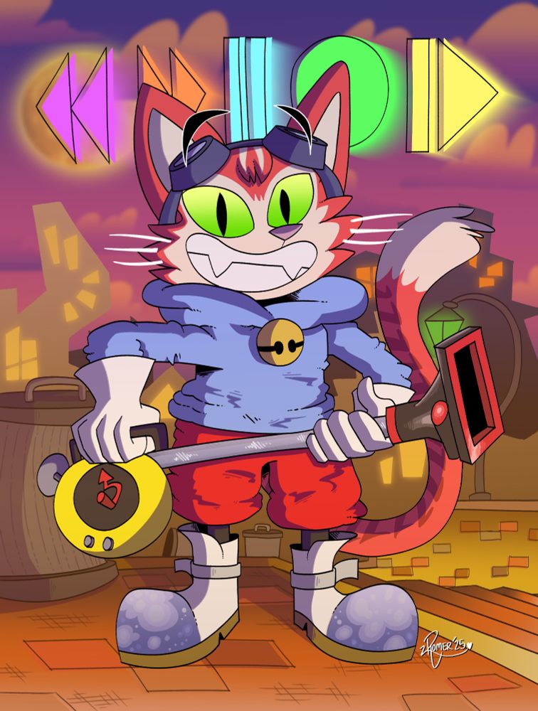 Blinx the cat from "Blinx the Time Sweeper" (2002) holding his sweeper in the first level of the game as he smiles at the audience. Behind him are the symbols for rewind, fast forward, pause, record and slow down.
