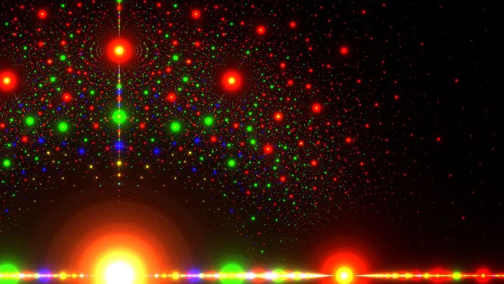 Algebraic numbers in the complex plane. Colors indicate the coefficient of the leading term: 

Red = 1 (algebraic *integer*), 
Green = 2, 
Blue = 3, 
Yellow = 4. 

Large dots mean fewer terms and smaller coefficients. Image from Wikipedia (made by Stephen J. Brooks).