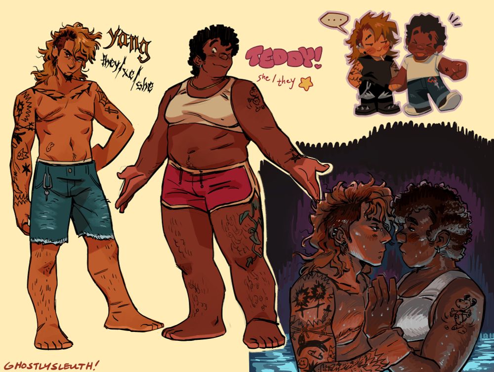 a sketch page of original characters yang and teddy. on the left are two full-bodies of them in their swim attire. yang (they/xe/she) is in a pair of roughed up jorts and otherwise shirtless, showing off their tattooed arms and top surgery scars, posing with a hand on their hip and an unimpressed look on their face. teddy (she/they) wears a white sports bra and pink dolphin shorts, posing more jovially with her arms out. 

at the top right are a pair of chibi illustrations of the two holding hands, teddy smiling and having fun and yang starting at her quietly. 

at the bottom right is a scene between the two, in a pool at night; they're in one another's space and yang is holding teddy's wrist as she reaches toward xir. they're staring into each other's eyes.