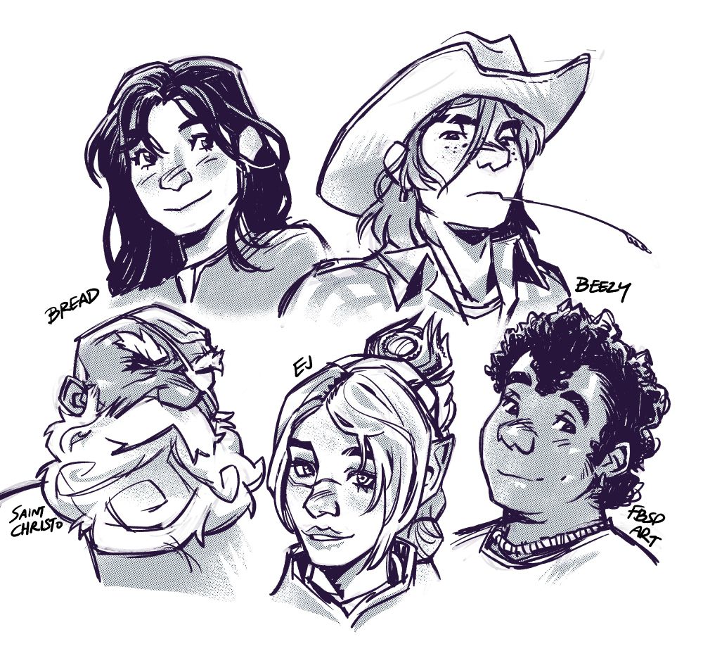 a group of 5 sketches, one of dina from tlou hbo, one of ellie from tlou2 in a cowboy hat and with a piece of straw in her mouth, one of a patron's oc, one of shadowheart from baldur's gate 3, and one of my oc, teddy.