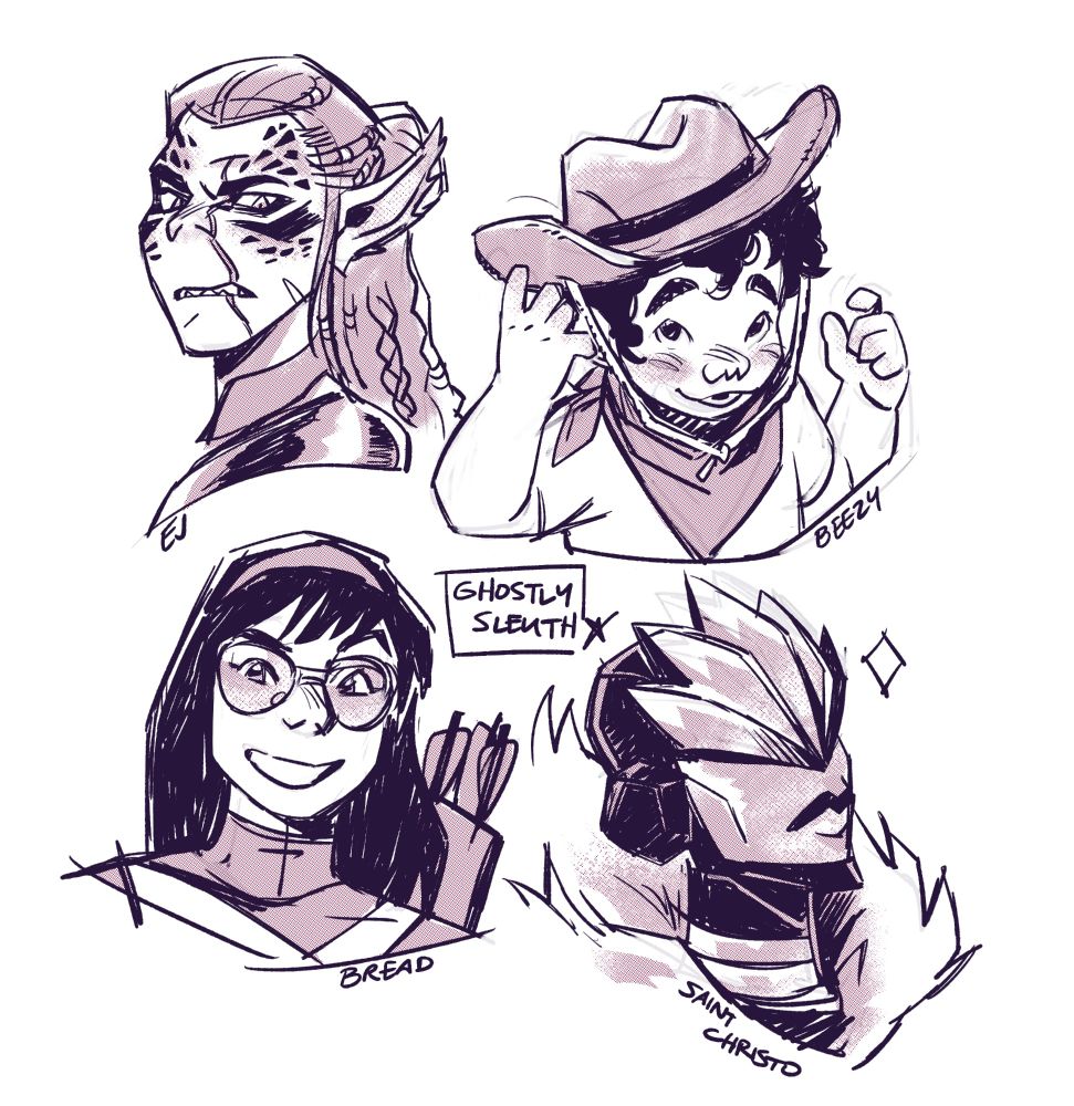 a group of 4 sketches, one of lae'zel from baldur's gate 3, one of jj from tlou 2 as a toddler, wearing a cowboy hat, one of kate bishop from hawkeye, and one of a patron's oc.