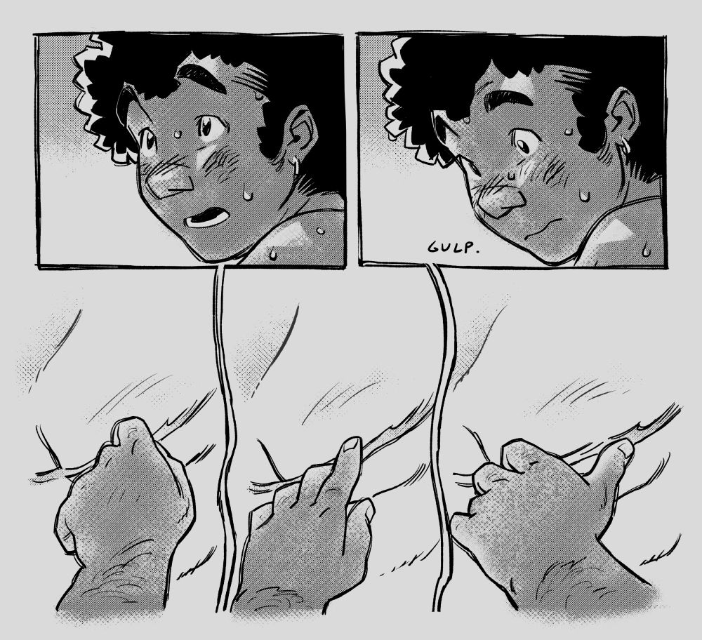 page two: astonishing, teddy looks up at yang then down to their chest with a gulp. she very gently caresses one of the scars on yang's chest.