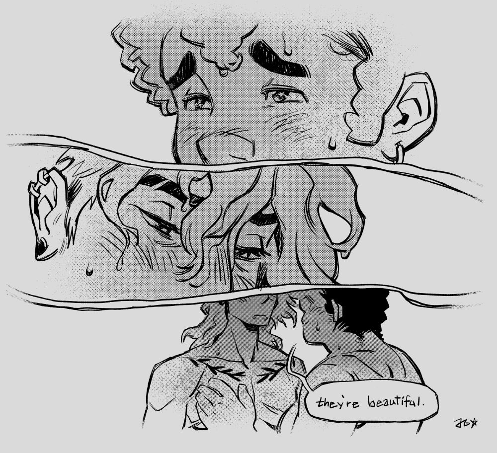 page three: teddy gazes up at yang sentimentally. yang doesn't meet their gaze but is likewise affected. teddy rests a hand on their chest and says, "they're beautiful."
