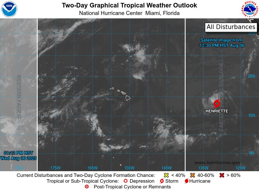 tropical weather outlook over the next 2 days greyscale satellite image of Central Pacific Ocean for
NWS Central Pacific Hurricane Center Honolulu HI
Issued by NWS National Hurricane Center Miami FL
200 PM HST Wed Aug 06 2025

For the central North Pacific...between 140W and 180W:

Active Systems:
The National Hurricane Center is issuing advisories on Tropical
Storm Henriette, located well east of the Hawaiian Islands.
Henriette is expected to move into the Central Pacific basin
Thursday night.
The National Hurricane Center is also issuing advisories on Tropical
Storm Ivo, located a couple hundred miles offshore the coast of
Southern Mexico.

Tropical cyclone formation is not expected during the next 7 days.

&&

Public Advisories on Tropical Storm Ivo are issued under WMO
header WTPZ34 KNHC and under AWIPS header MIATCPEP4.
Forecast/Advisories on Tropical Storm Ivo are issued under
WMO header WTPZ24 KNHC and under AWIPS header MIATCMEP4.

$$
Forecaster Jelsema
NNNN
    