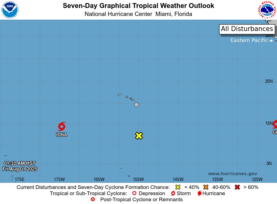 tropical weather outlook over the next 7 days color illustrated image of Central Pacific Ocean for
NWS Central Pacific Hurricane Center Honolulu HI
Issued by NWS National Hurricane Center Miami FL
200 AM HST Fri Aug 01 2025

For the central North Pacific...between 140W and 180W:

Active Systems:
The National Hurricane Center is issuing advisories on Tropical
Storm Iona, located in the central Pacific basin well west-southwest
of the Hawaiian Islands and Tropical Storm Gil, located well
southwest of the southern Baja California peninsula.

1. Well South-Southeast of the Hawaiian Islands (CP92):
Disorganized showers and thunderstorms are associated with a trough
of low pressure located well south-southeast of Hilo, Hawaii.
Environmental conditions are becoming increasingly unfavorable, and
development is no longer anticipated.
* Formation chance through 48 hours...low...near 0 percent.
* Formation chance through 7 days...low...near 0 percent.



Forecaster Bucci
    