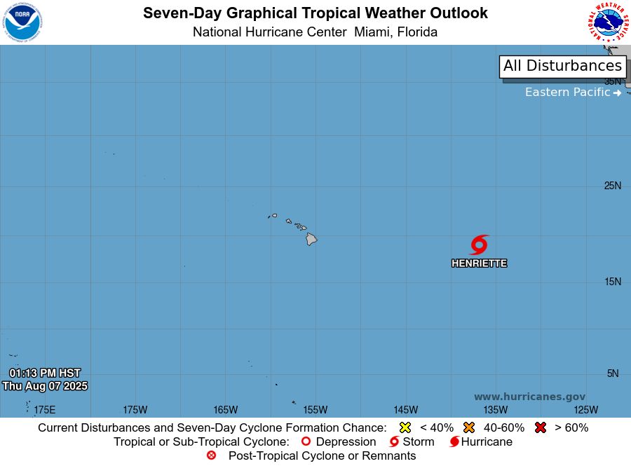tropical weather outlook over the next 7 days color illustrated image of Central Pacific Ocean for
NWS Central Pacific Hurricane Center Honolulu HI
Issued by NWS National Hurricane Center Miami FL
200 PM HST Thu Aug 07 2025

For the central North Pacific...between 140W and 180W:

Active Systems:
The National Hurricane Center is issuing advisories on Tropical
Storm Henriette, located well east of the Hawaiian Islands.
Henriette is expected to move into the Central Pacific basin by
tonight. The National Hurricane Center is also issuing
advisories on Tropical Storm Ivo, located over the eastern
Pacific offshore of the coast of Southwestern Mexico.

Tropical cyclone formation is not expected during the next 7 days.

$$
Forecaster Jelsema
NNNN
    