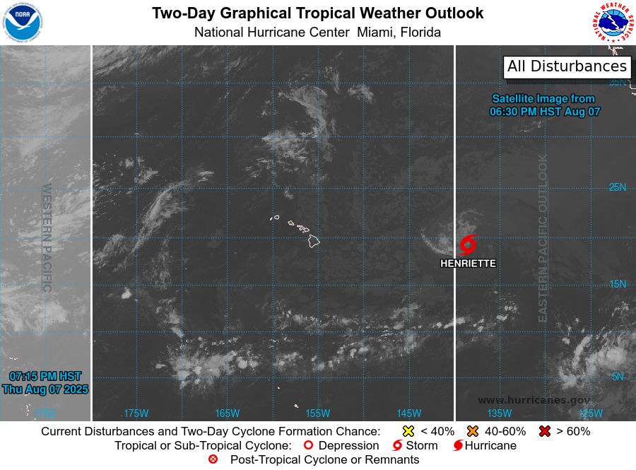 tropical weather outlook over the next 2 days greyscale satellite image of Central Pacific Ocean for
NWS Central Pacific Hurricane Center Honolulu HI
Issued by NWS National Hurricane Center Miami FL
800 PM HST Thu Aug 07 2025

For the central North Pacific...between 140W and 180W:

Active Systems:
The National Hurricane Center is issuing advisories on Tropical
Storm Henriette, located well east of the Hawaiian Islands.
Henriette is expected to move into the Central Pacific basin later
tonight. The National Hurricane Center is also issuing advisories on
Tropical Storm Ivo, located over the eastern Pacific offshore of the
coast of West-Central Mexico.

Tropical cyclone formation is not expected during the next 7 days.

$$
Forecaster Jelsema
NNNN
    