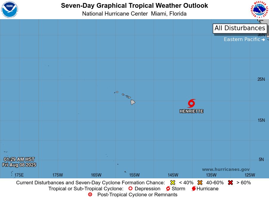 tropical weather outlook over the next 7 days color illustrated image of Central Pacific Ocean for
NWS Central Pacific Hurricane Center Honolulu HI
Issued by NWS National Hurricane Center Miami FL
200 AM HST Fri Aug 08 2025

For the central North Pacific...between 140W and 180W:

Active Systems:
The National Hurricane Center is issuing advisories on Tropical
Storm Henriette, located in the Central Pacific basin well east of
the Hawaiian Islands.  The National Hurricane Center is also issuing
advisories on Tropical Storm Ivo, located over the Eastern Pacific
basin about 160 miles south of the southern tip of the Baja
California peninsula.

Tropical cyclone formation is not expected during the next 7 days.

$$
Forecaster Hagen
NNNN
    
