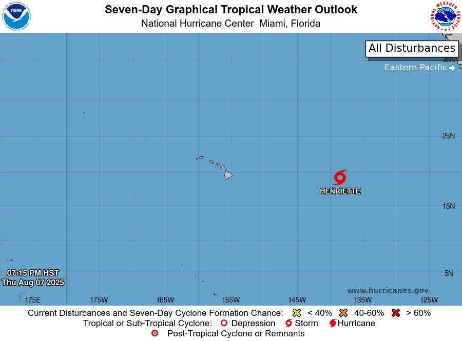 tropical weather outlook over the next 7 days color illustrated image of Central Pacific Ocean for
NWS Central Pacific Hurricane Center Honolulu HI
Issued by NWS National Hurricane Center Miami FL
800 PM HST Thu Aug 07 2025

For the central North Pacific...between 140W and 180W:

Active Systems:
The National Hurricane Center is issuing advisories on Tropical
Storm Henriette, located well east of the Hawaiian Islands.
Henriette is expected to move into the Central Pacific basin later
tonight. The National Hurricane Center is also issuing advisories on
Tropical Storm Ivo, located over the eastern Pacific offshore of the
coast of West-Central Mexico.

Tropical cyclone formation is not expected during the next 7 days.

$$
Forecaster Jelsema
NNNN
    