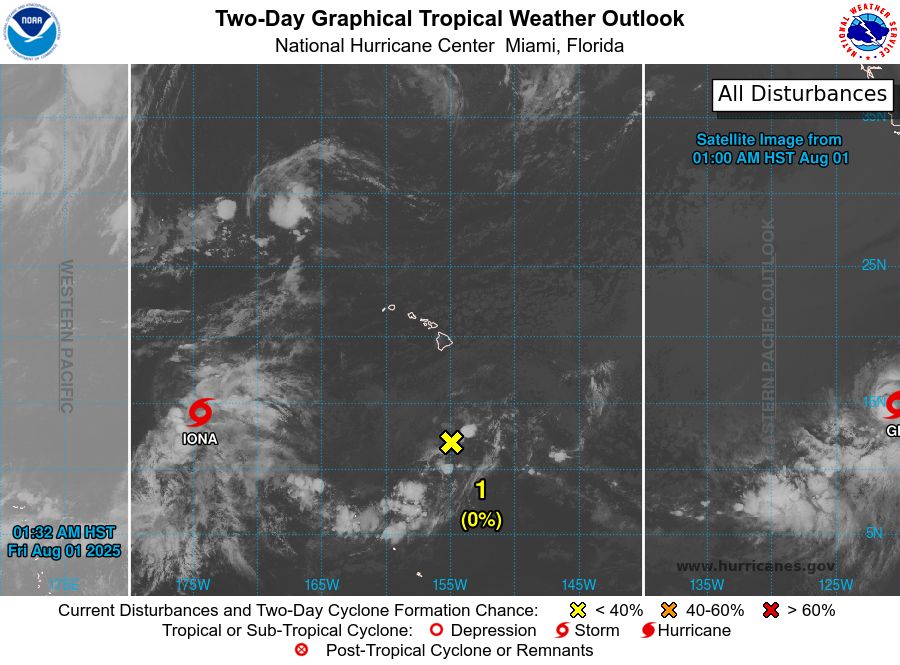 tropical weather outlook over the next 2 days greyscale satellite image of Central Pacific Ocean for
NWS Central Pacific Hurricane Center Honolulu HI
Issued by NWS National Hurricane Center Miami FL
200 AM HST Fri Aug 01 2025

For the central North Pacific...between 140W and 180W:

Active Systems:
The National Hurricane Center is issuing advisories on Tropical
Storm Iona, located in the central Pacific basin well west-southwest
of the Hawaiian Islands and Tropical Storm Gil, located well
southwest of the southern Baja California peninsula.

1. Well South-Southeast of the Hawaiian Islands (CP92):
Disorganized showers and thunderstorms are associated with a trough
of low pressure located well south-southeast of Hilo, Hawaii.
Environmental conditions are becoming increasingly unfavorable, and
development is no longer anticipated.
* Formation chance through 48 hours...low...near 0 percent.
* Formation chance through 7 days...low...near 0 percent.



Forecaster Bucci
    
