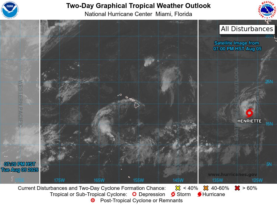 tropical weather outlook over the next 2 days greyscale satellite image of Central Pacific Ocean for
NWS Central Pacific Hurricane Center Honolulu HI
Issued by NWS National Hurricane Center Miami FL
800 PM HST Tue Aug 05 2025

For the central North Pacific...between 140W and 180W:

Active Systems:
The National Hurricane Center is issuing advisories on Tropical
Storm Henriette, located well east of the Hawaiian Islands.
Henriette is expected to move into the Central Pacific basin
Thursday night.

Tropical cyclone formation is not expected during the next 7 days.




Forecaster Jelsema
    