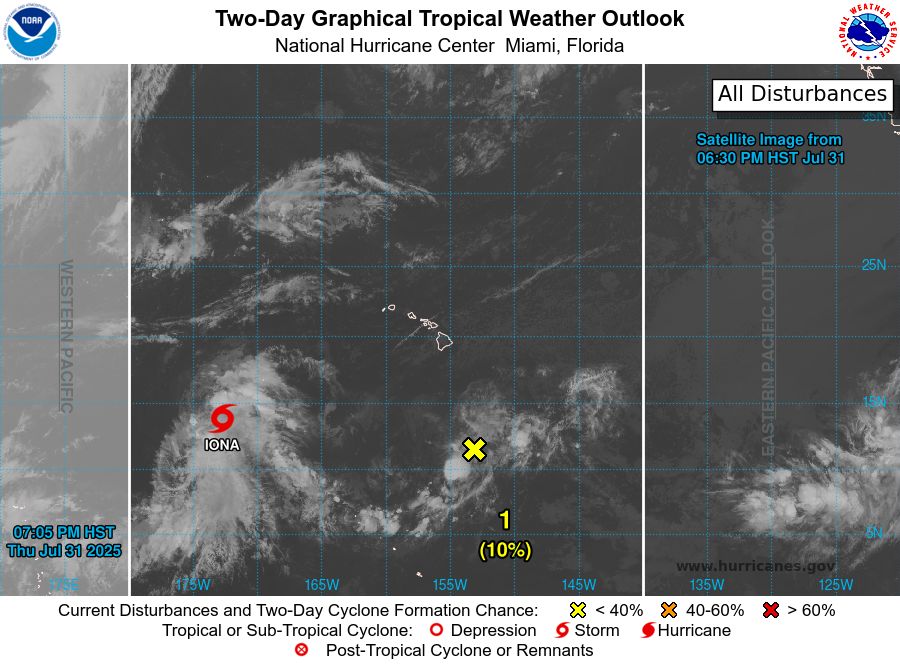 tropical weather outlook over the next 2 days greyscale satellite image of Central Pacific Ocean for
NWS Central Pacific Hurricane Center Honolulu HI
Issued by NWS National Hurricane Center Miami FL
800 PM HST Thu Jul 31 2025

For the central North Pacific...between 140W and 180W:

Active Systems:
The National Hurricane Center is issuing advisories on Tropical
Storm Iona, located in the central Pacific basin well west-southwest
of the Hawaiian Islands and Tropical Storm Gil, located well
southwest of the southern Baja California peninsula.

1. Well South-Southeast of the Hawaiian Islands (CP92):
Disorganized showers and thunderstorms associated with a trough of
low pressure located about 650 miles south-southeast of Hilo,
Hawaii, continue to persist. While the system currently lacks a
well-defined low-level center, some development is possible during
the next day or so. By this weekend, environmental conditions are
expected to become less conducive for further development.
* Formation chance through 48 hours...low...10 percent.
* Formation chance through 7 days...low...10 percent.




Public Advisories on Tropical Storm Gil are issued under WMO header
WTPZ32 KNHC and under AWIPS header MIATCPEP2.
Forecast/Advisories on Tropical Storm Gil are issued under WMO
header WTPZ22 KNHC and under AWIPS header MIATCMEP2.


Forecaster Gibbs/Hagen
    