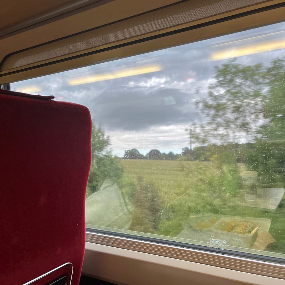 Train window with red seat and view of trees and fields.
