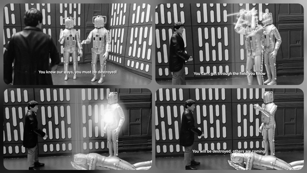 A recreation of a scene from Episode 6 of the Wheel in Space. Yes, i know it's with the wrong Cybermen cos we don't have the right ones. So if that offends you, sorry, but there are more important things in the world... 