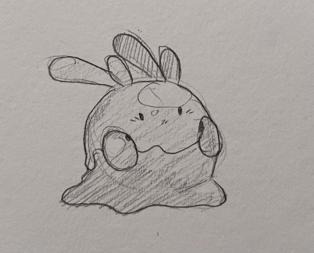 A traditional drawing of the Pokemon Goomy, a round-ish blob with a flattened bottom and two closely situated sets of rounded antennae protruding from its top, the back set being longer than the front. It has tiny dot-eyes, and two circles to the side of its face that give it the appearance of cheeks, with a wobbly closed drawn mouth between the circles. The whole thing is lightly shaded to give it a shiny or gelatinous appearance, and the Pokemon looks slightly upwards at something-off camera.