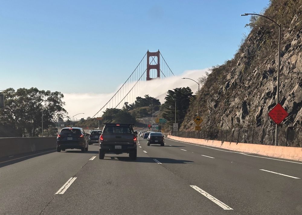 The Golden Gate Bridge in fog.