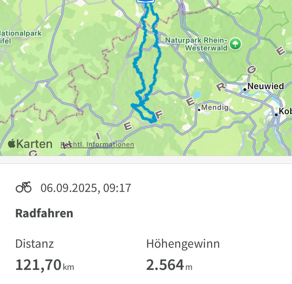 Statistik der Strecke heute, 121.7 km, 2564 hm. Die Strecke grob (fast alles gravel) Bonn-Ahrweiler-Ramersbach-Lederbach-Virneburg-HoheAcht-Fronrath-Steinerberg-Dernau-Bonn.