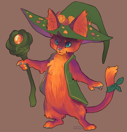 digital art of a cutesy anthropomorphic cat with yellow, orange and magenta hues, wearing a green vest and a witch hat and staff
