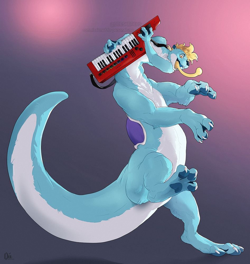 digital illustration of a centaur-like character, with their body being based on an otter with a long and yellow tongue, long and thick tail, and baby blue colored fur. The character is playing a keytar and clearly having a great time