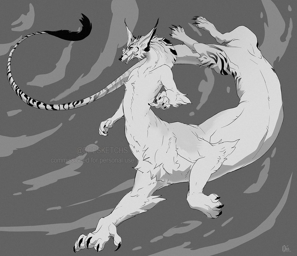 digital sketch of a centaur-like dragon character, with a furry body, the face of a fox and tiger stripes at the end of their long tail, mane and hind legs. This character is seemingly flying surrounded by clouds/the sky