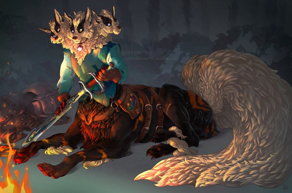 digital painting of a centaur-like character based on the Pokemon Arcanine. The character has three heads, four tails, and is cleaning a sword with both hands from his upper body. This character is resting close to a bonfire in the middle of the forest, clearly resting after some sort of battle