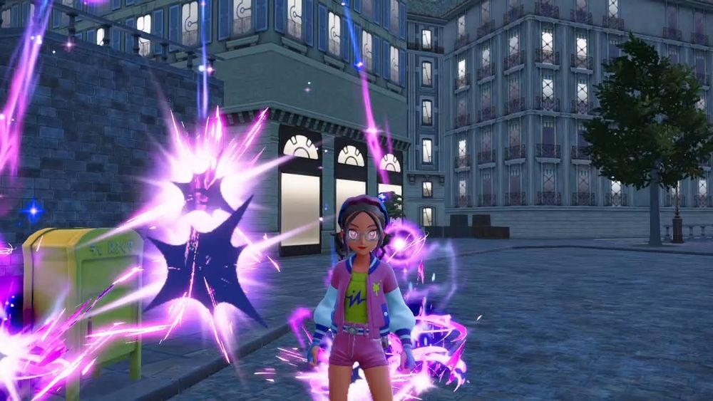 Minha personagem de rosa com chuva de elementos psíquicos atras