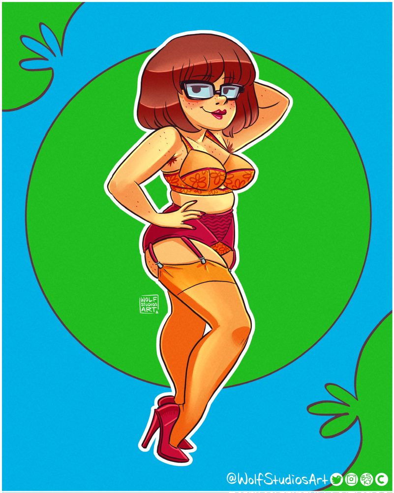 Semi cartoony illustration of Velma Dinkley wearing an orange and red lingerie set, standing against a psychedelic Mystery Machine coloured background 