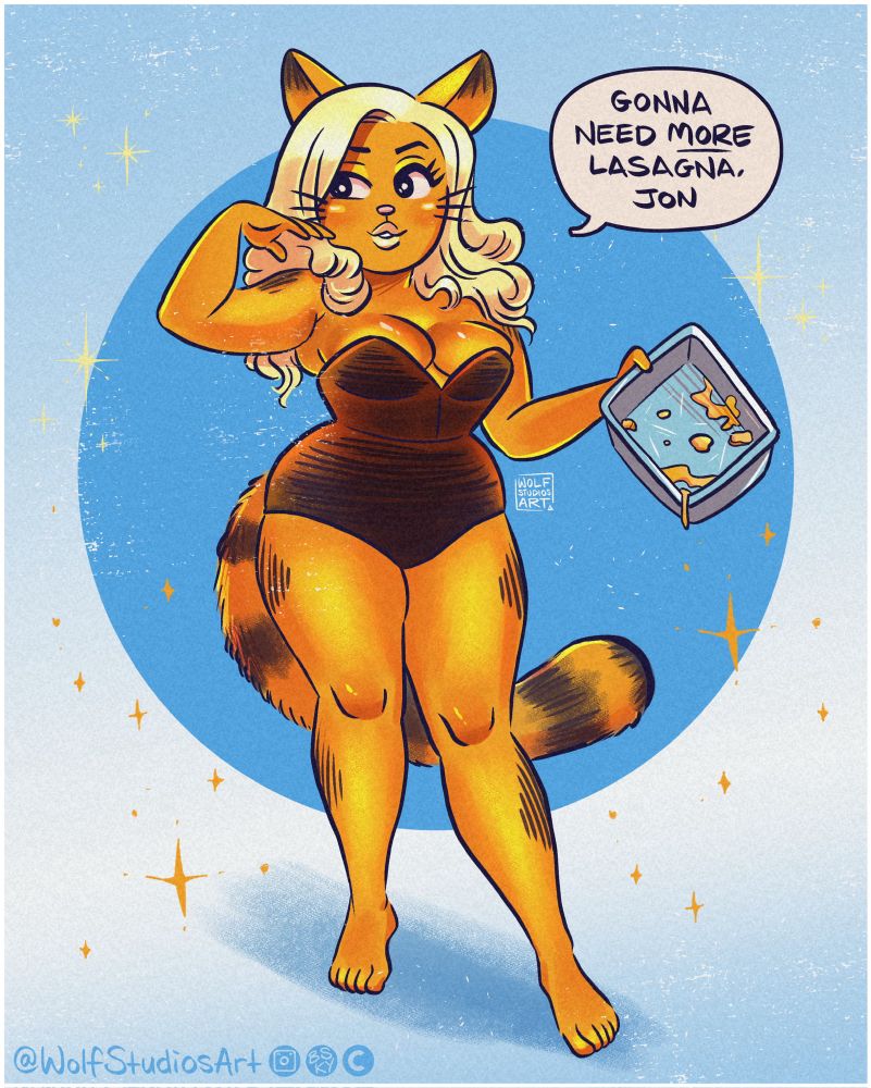 Illustration of a curvy pinup girl wearing a brown one piece leotard, holding an empty lasagna tray. She is drawn with a Garfield inspired colour palette