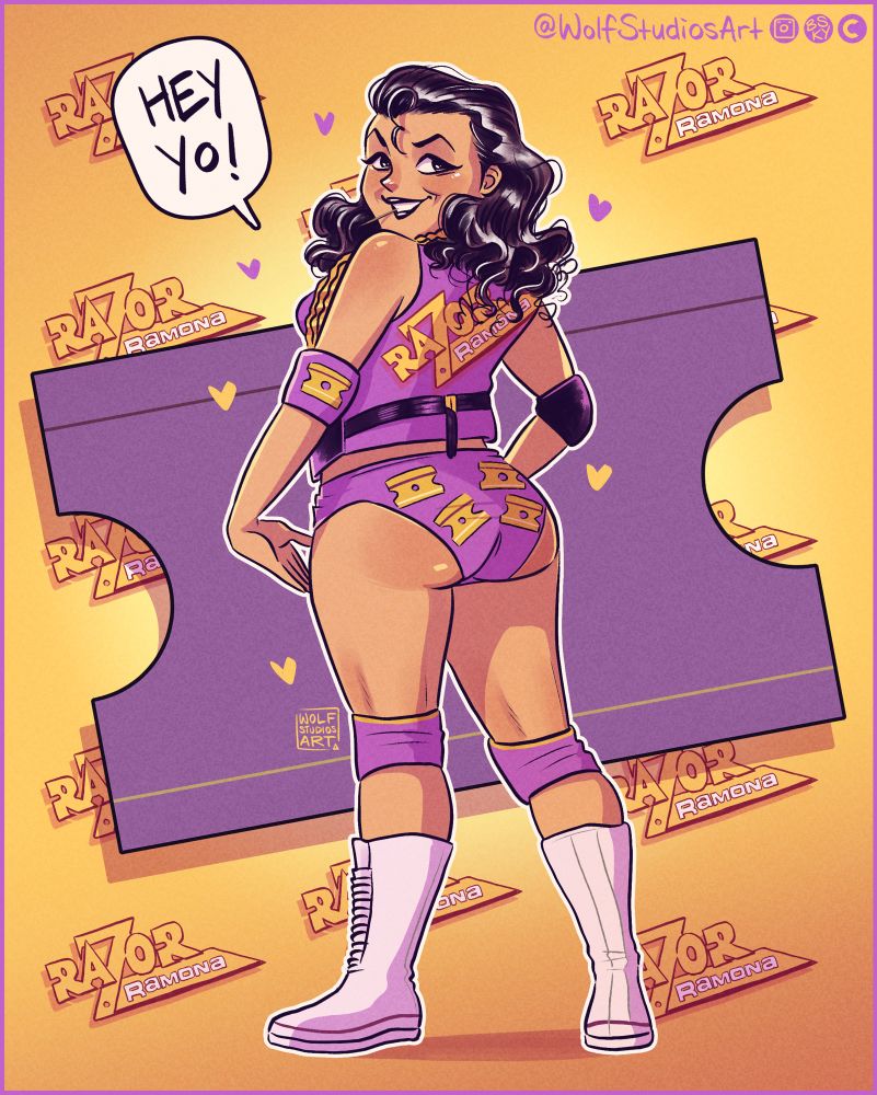 A gender bent cartoon version of mid 90s WWE superstar Razor Ramon (aka Scott Hall).  She has her back to the viewer, showing the back of her waistcoat and trunks and she has a sleazy smile with a toothpick hanging from her mouth