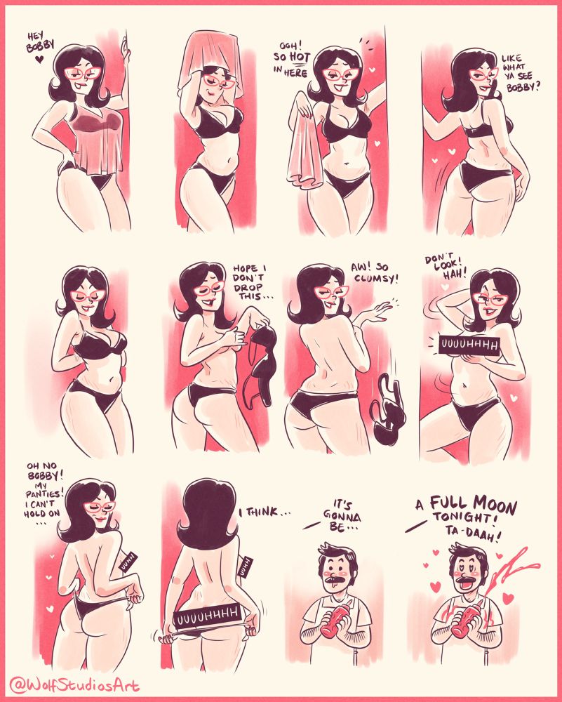 Cartoon comic strip of Linda Belcher performing a saucy striptease for her husband Bob. There is no visible nudity in the image, only suggestive imagery