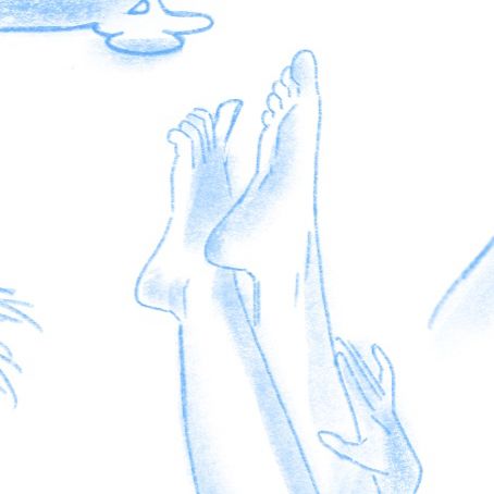 (Digital) Pencil sketch of a pair of feet raised in the air, crossed over each other