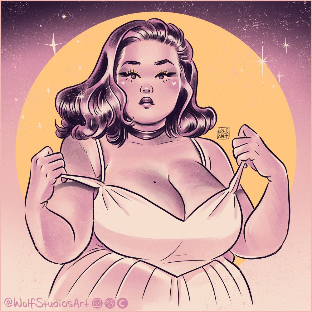Illustration of a curvy woman with shoulder length hair. She is wearing a white dress and is adjusting the shoulder straps.