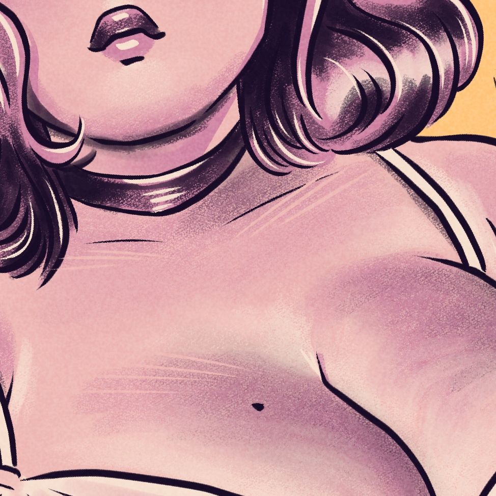 Sneak peek at my upcoming picture. It shows a close up of a pair of full lips, round chin and an ample bosom with a cute mole