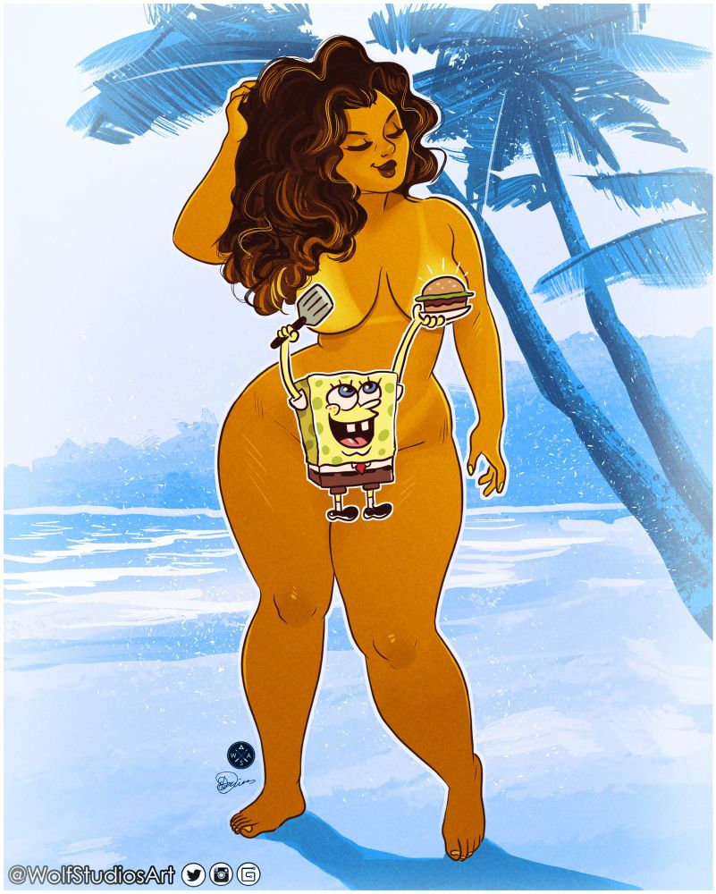 Illustration of a curvy pacific island woman with curly brown hair standing on a beach. She is censored by a picture of SpongeBob.  She is painted in warm orange tones and the background is a contrasting blue