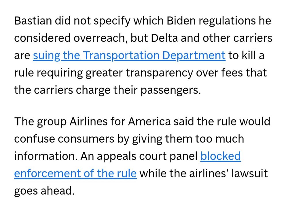 Text from the AP stating that the Biden Administration has implemented a rule that airlines need to provide greater transparency with fees but lobbyists are stating that the rule would confuse consumers by giving them too much information
