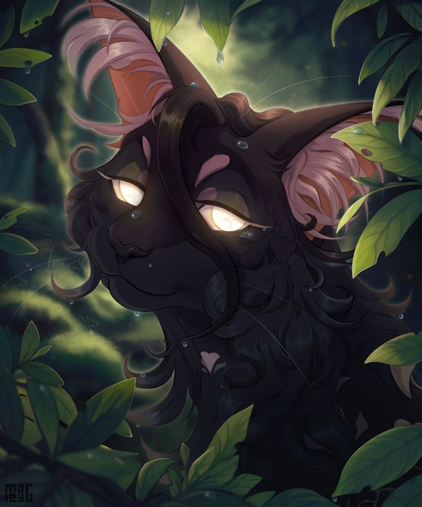 Shoulders up digital drawing of a black cat with glowing white eyes, its fur is covered in water droplets. It is backlit and framed by green leaves and a blurry forest background. 