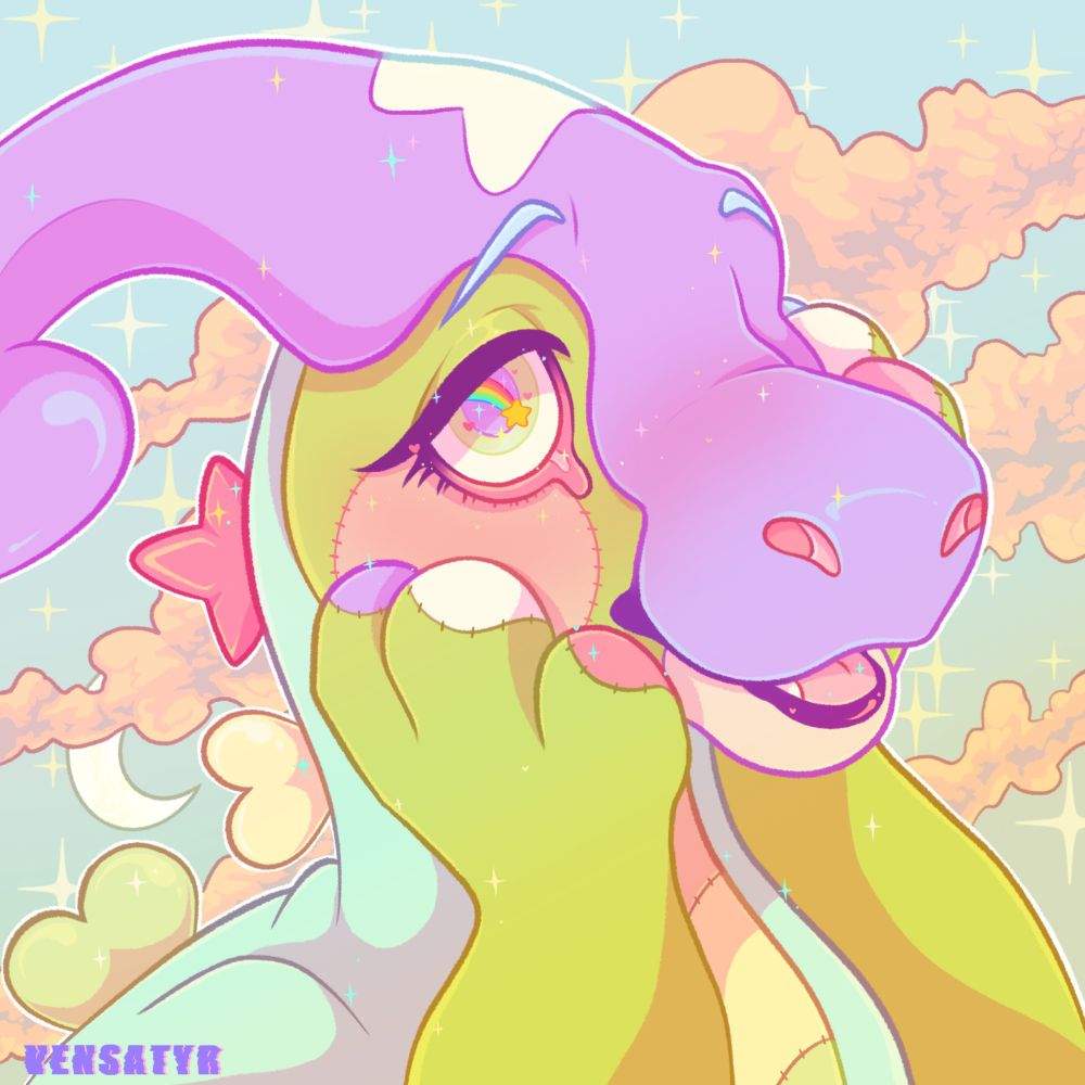 Head drawing of a green and purple parasaurolophus character