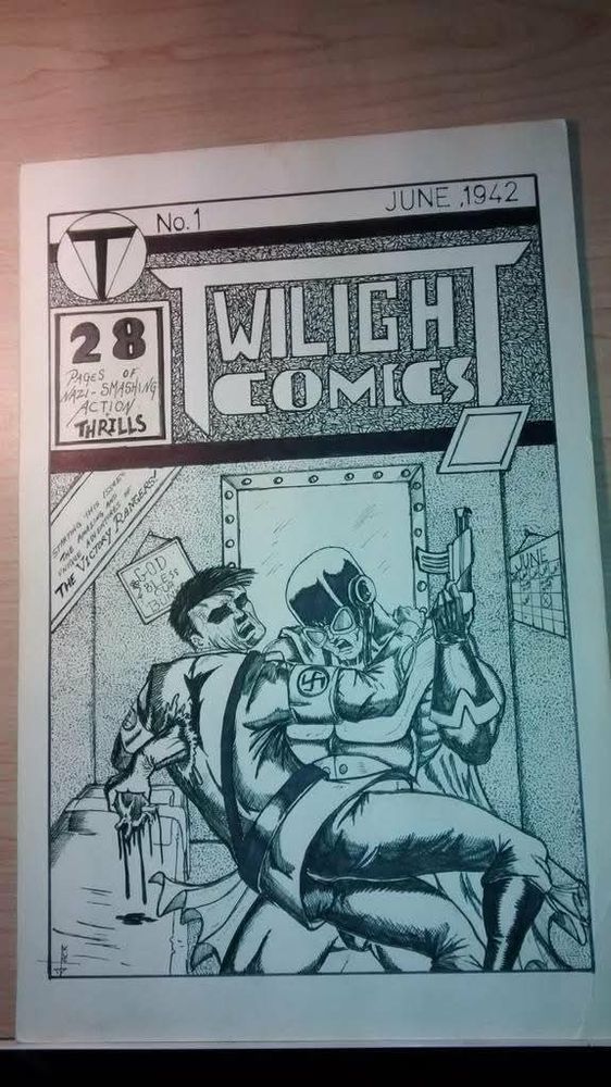 The b/w cover art for Twilight Comics #1, drawn in the early/mid 1990s, featuring my character MidKnight punching Hitler's heart out. It's not well drawn, but it's the thought that counts. The thought of punching Hitler's heart out.