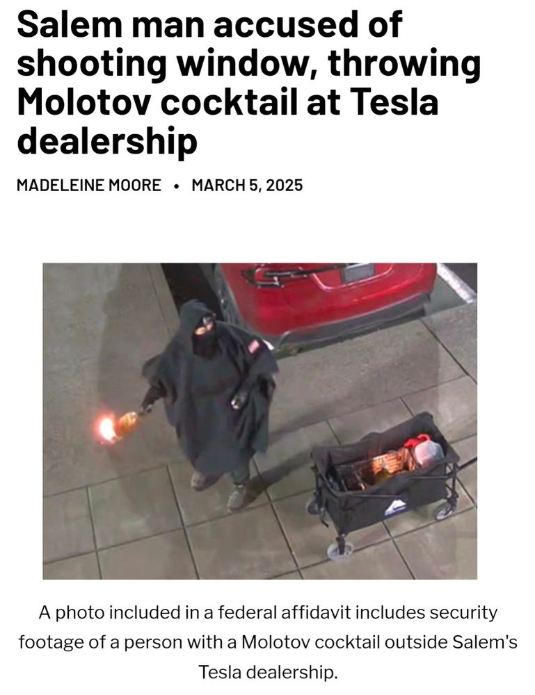 News headline SALEM MAN ACCUSED OF SHOOTING WINDOW, THROWING MOLOTOV COCKTAIL AT TESLA DEALERSHIP. He is dressed similarly to Bruce Willis in Unbreakable, which is shown in picture 2.