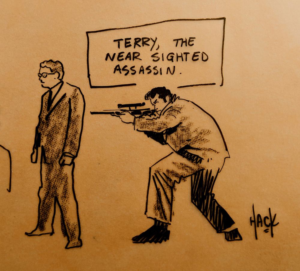 Pen sketch of Terry, the near-sighted assassin, as he aims a rifle five inches from the back of his target. 