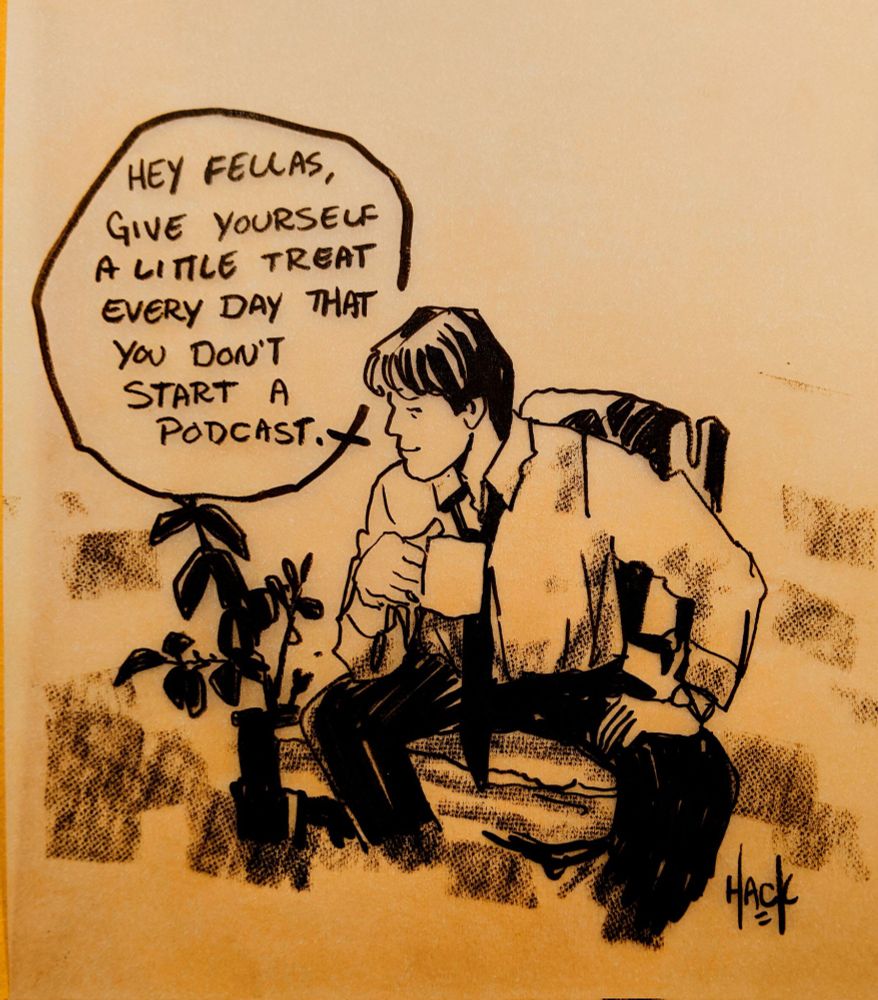Pen sketch of a man sitting down with a cup of coffee. His word balloon reads 